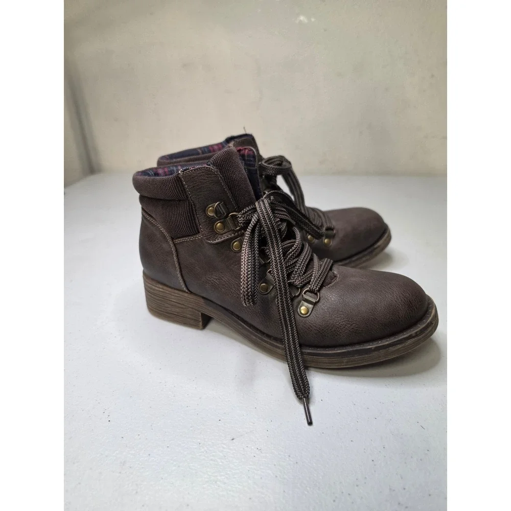Sugar Womens Brown Lace Up Ankle Boots Plaid Lined Star Tread Size 6.5